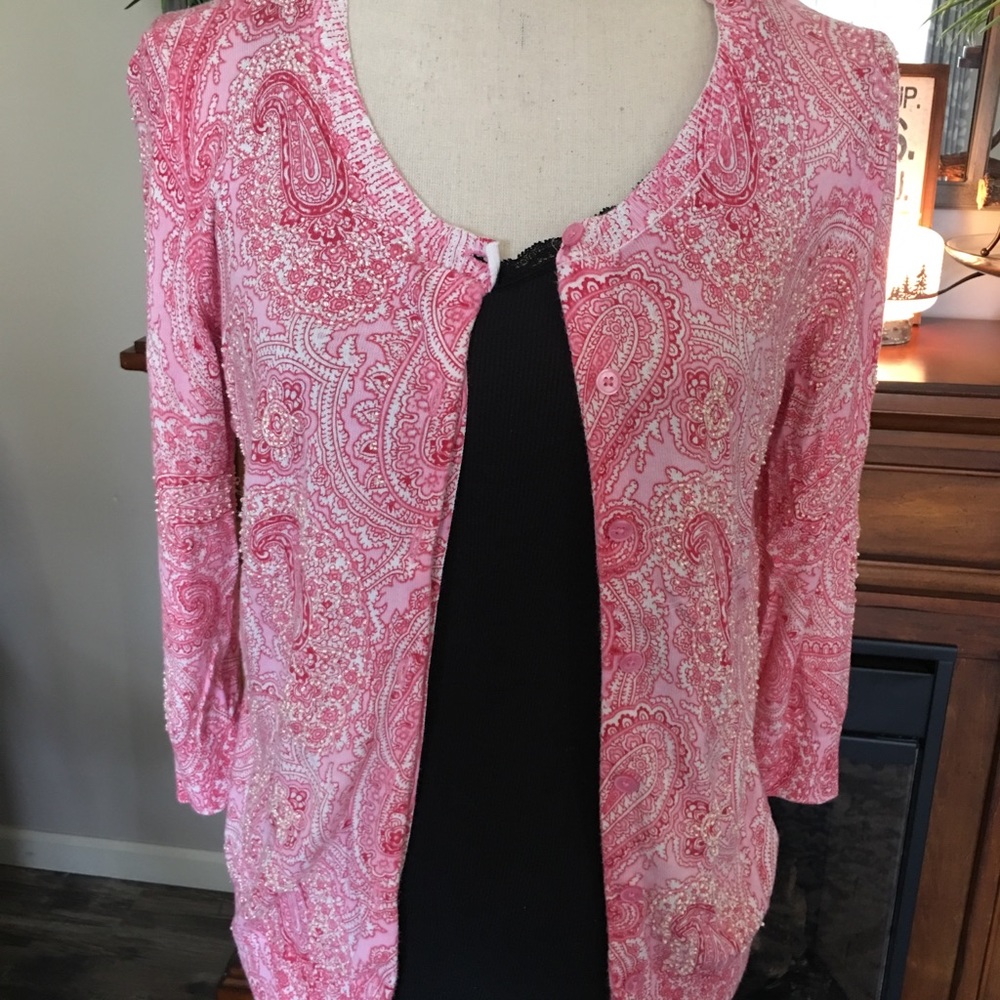 Talbots Pink Paisley Cardigan with bead details